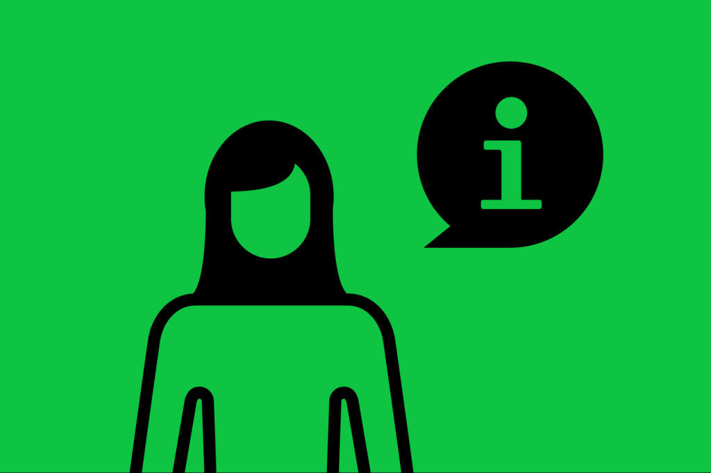 Piktogramm einer Frau auf grünem Hintergrund mit einer Sprechblase in der ein I für Information steht