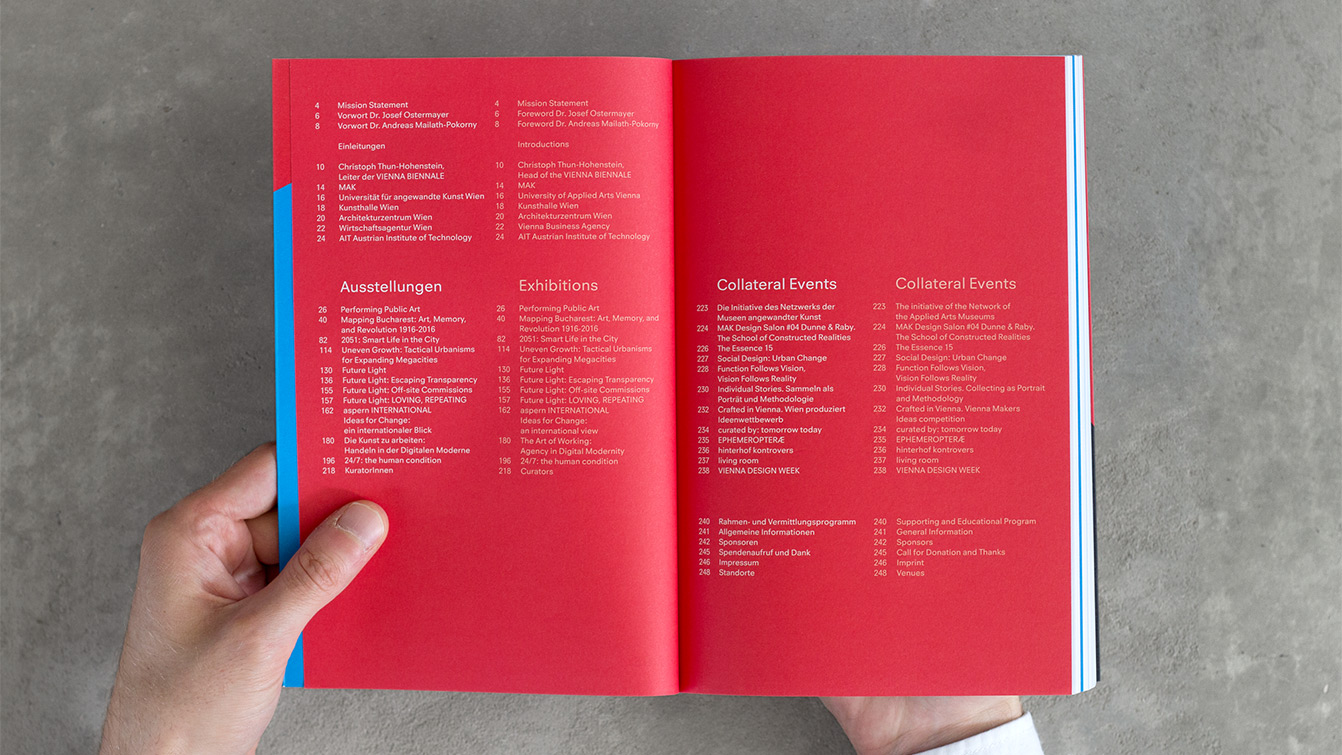 Der aufgeschlagene Guide mit der Inhaltsübersicht, rote Seiten mit weißer Schrift
