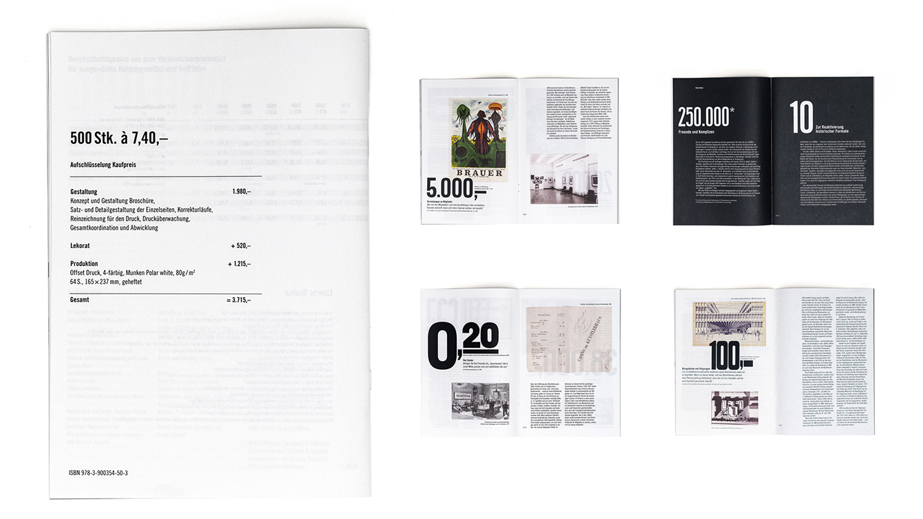 Opened exhibition catalog in black and white