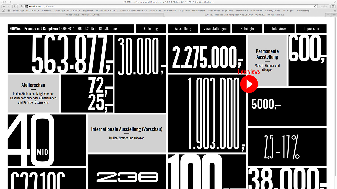 Exhibition homepage in the same branding as the exhibition graphics, with lots of numbers and typography in black and white