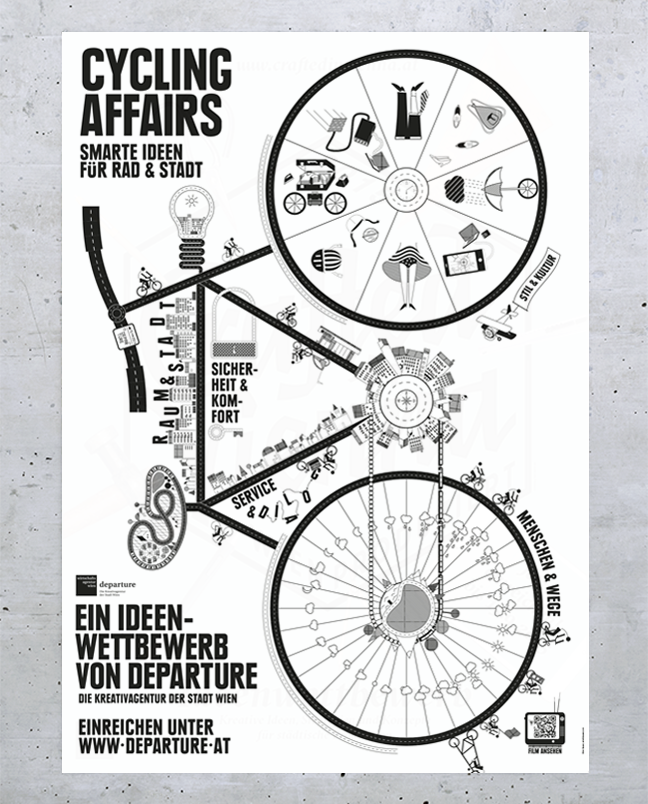 Poster advertising the competition in black and white with a bicycle and information