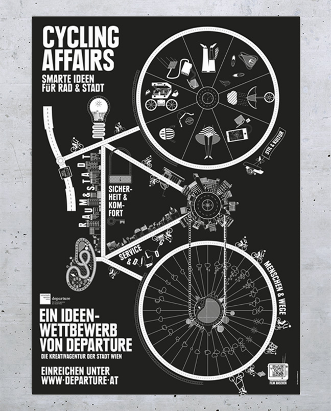 Poster advertising the competition in black and white with a bicycle and information 