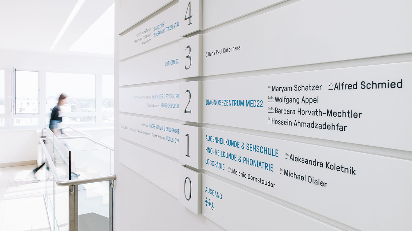 Geschoßübersicht aus versetzten weißen Tafeln, die Anzeigen in welchem Stockwerk welche Ärzt:innen sitzen