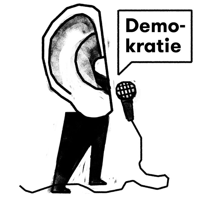 Illustration of an ear with legs, black on white, holding a microphone, and a speech bubble saying "democracy"