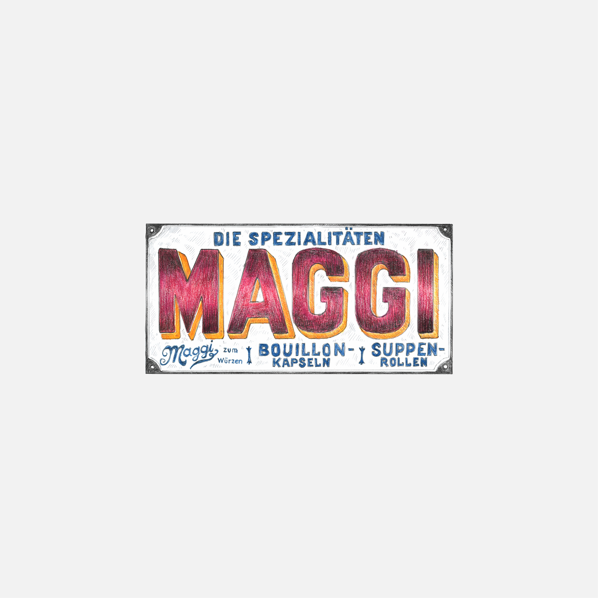 Das alte Logo der Firma Maggi in roter Schrift auf einem weißen Email-Schild