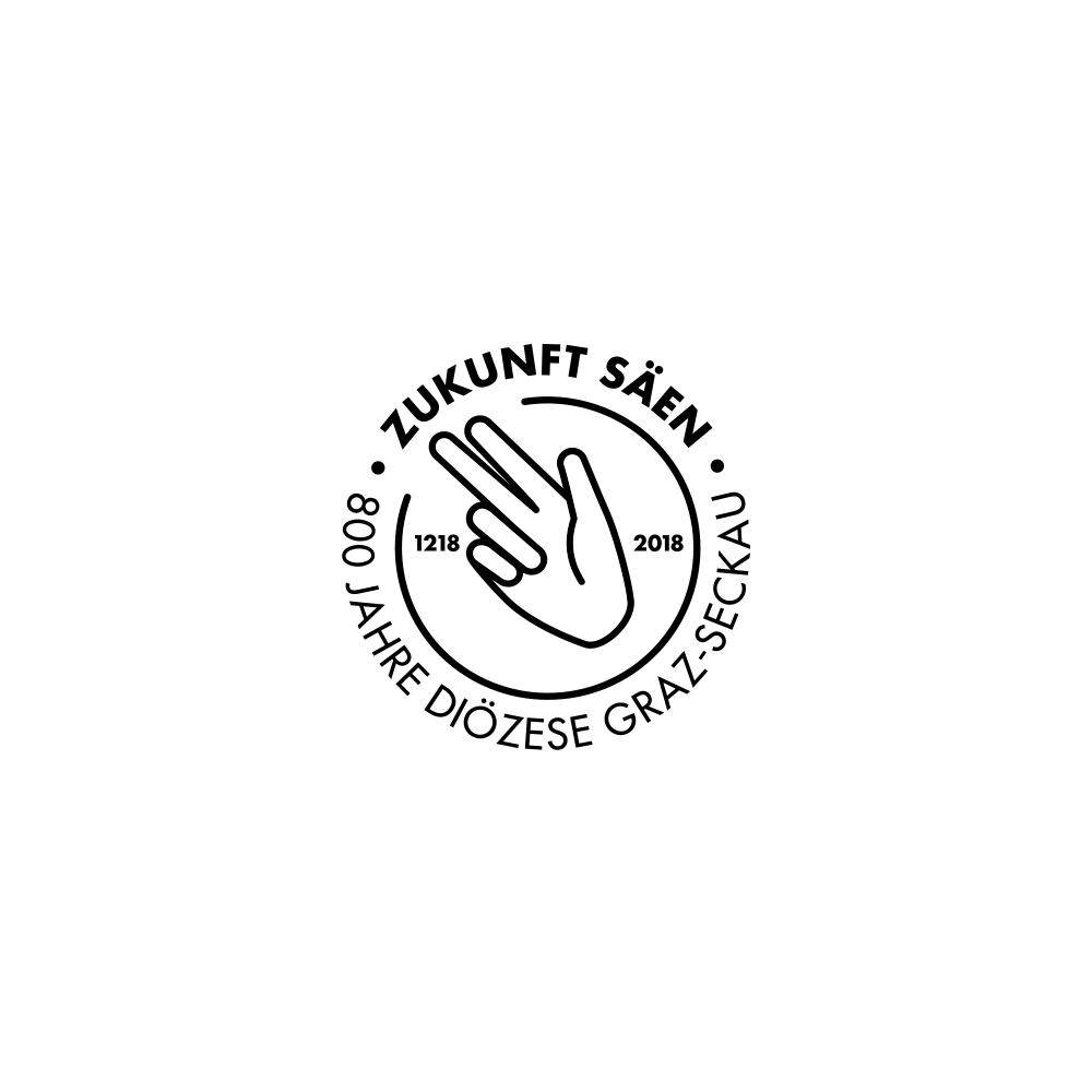 Das Logo des Jubiläumsjahres mit einer illustrierten Hand, die Daumen, Zeige- und Mittelfinger ausstreckt und rundum die Aufschrift "Zukunft säen - 800 Jahre Diözese Graz Seckau" trägt