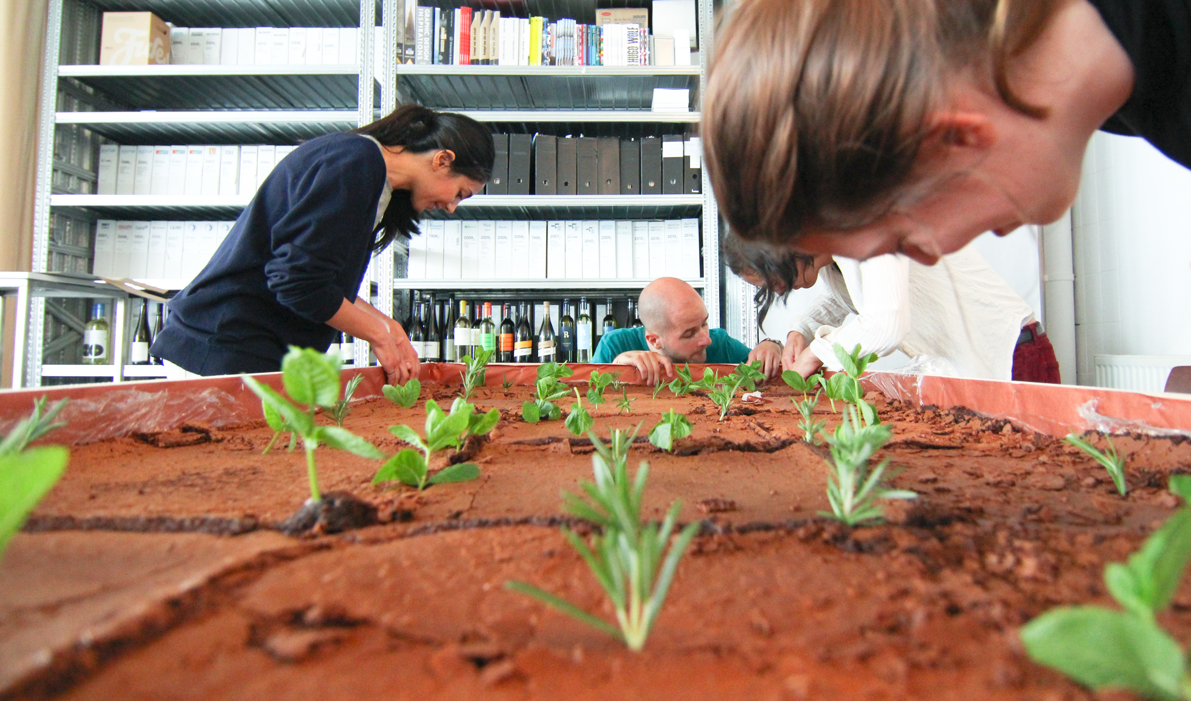 Mitarbeiter:innen des Büro bauen einen Tisch auf, das "Erdfeld" aus Brownies mit Rosmarin der wie Gras in den Fugen wächst