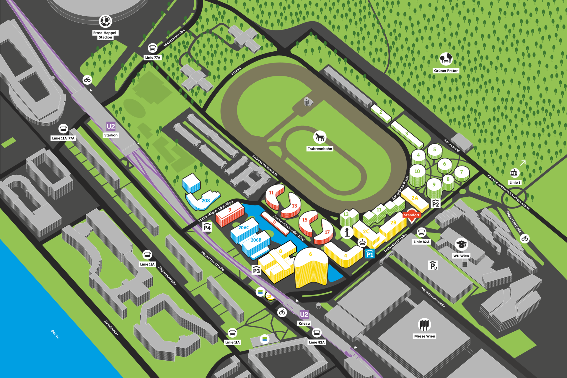 Site plan of the city district with buildings and surrounding green area