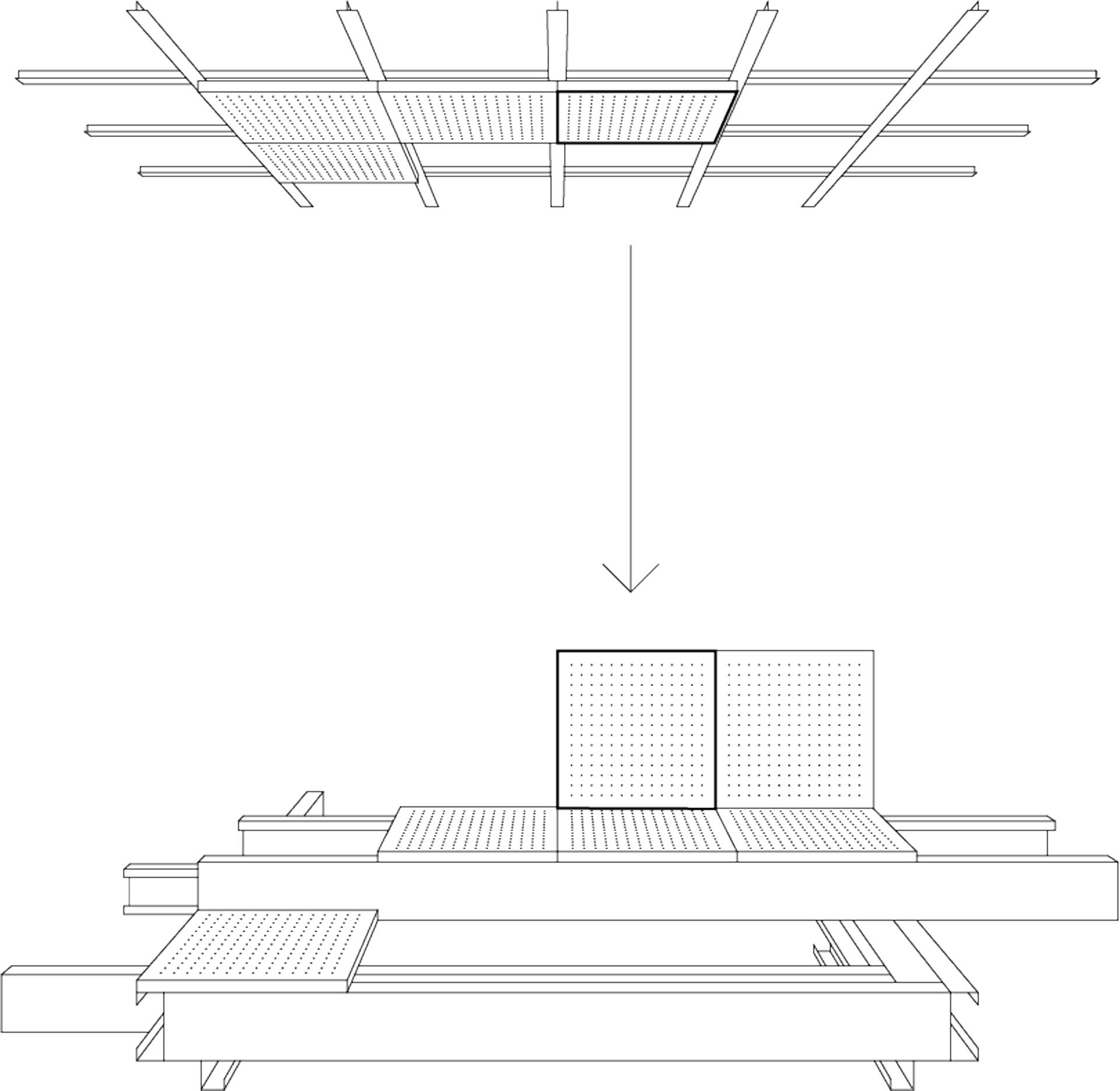 Sketch of the exhibition architecture for Future Factory, with recycled metal cassettes from a ceiling panel