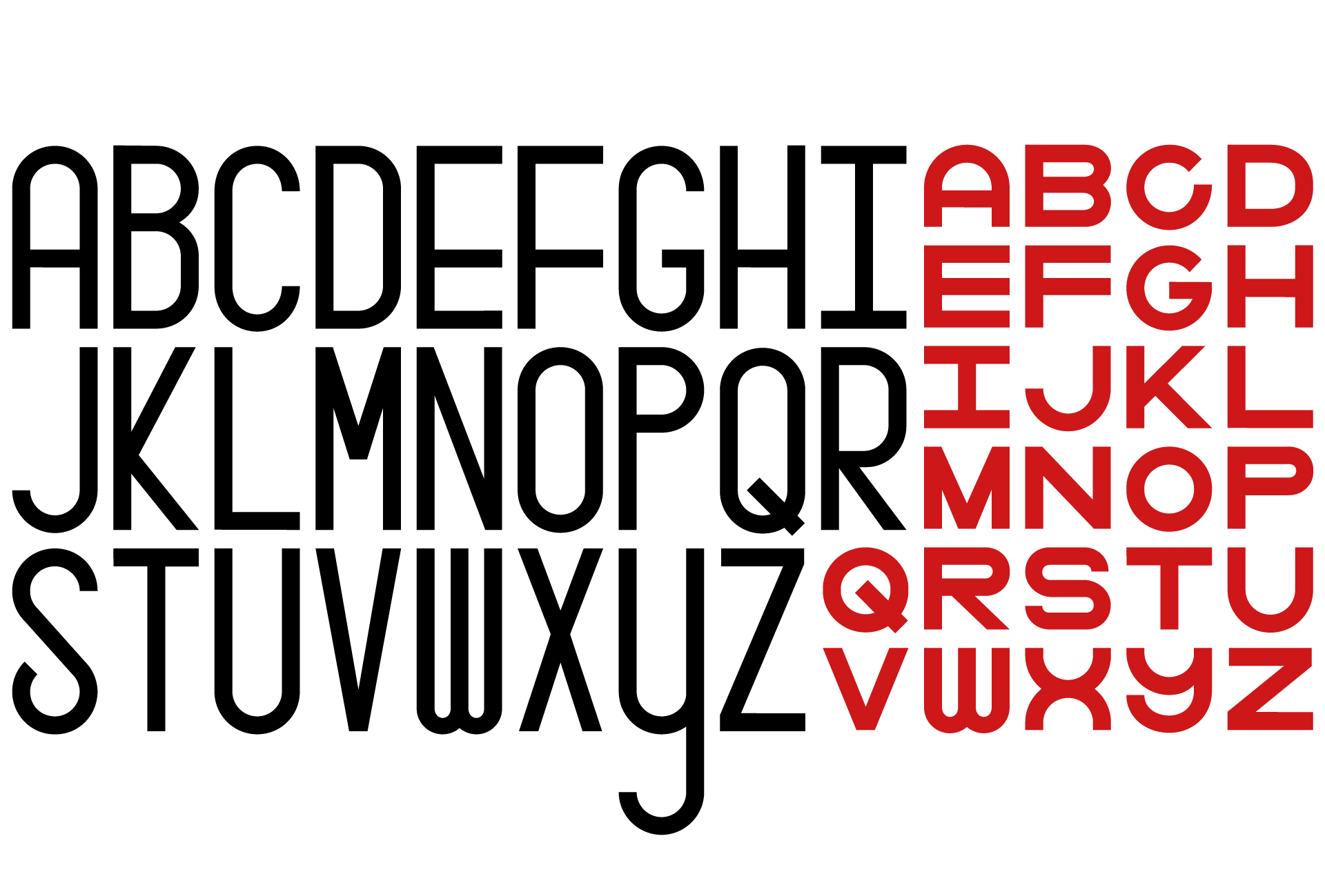 Großbuchstaben A-Z in Schwarz und Rot aus der Fontfamilie mono to go