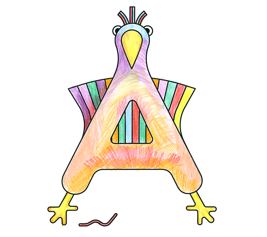 A colored letter A in the shape of a chicken