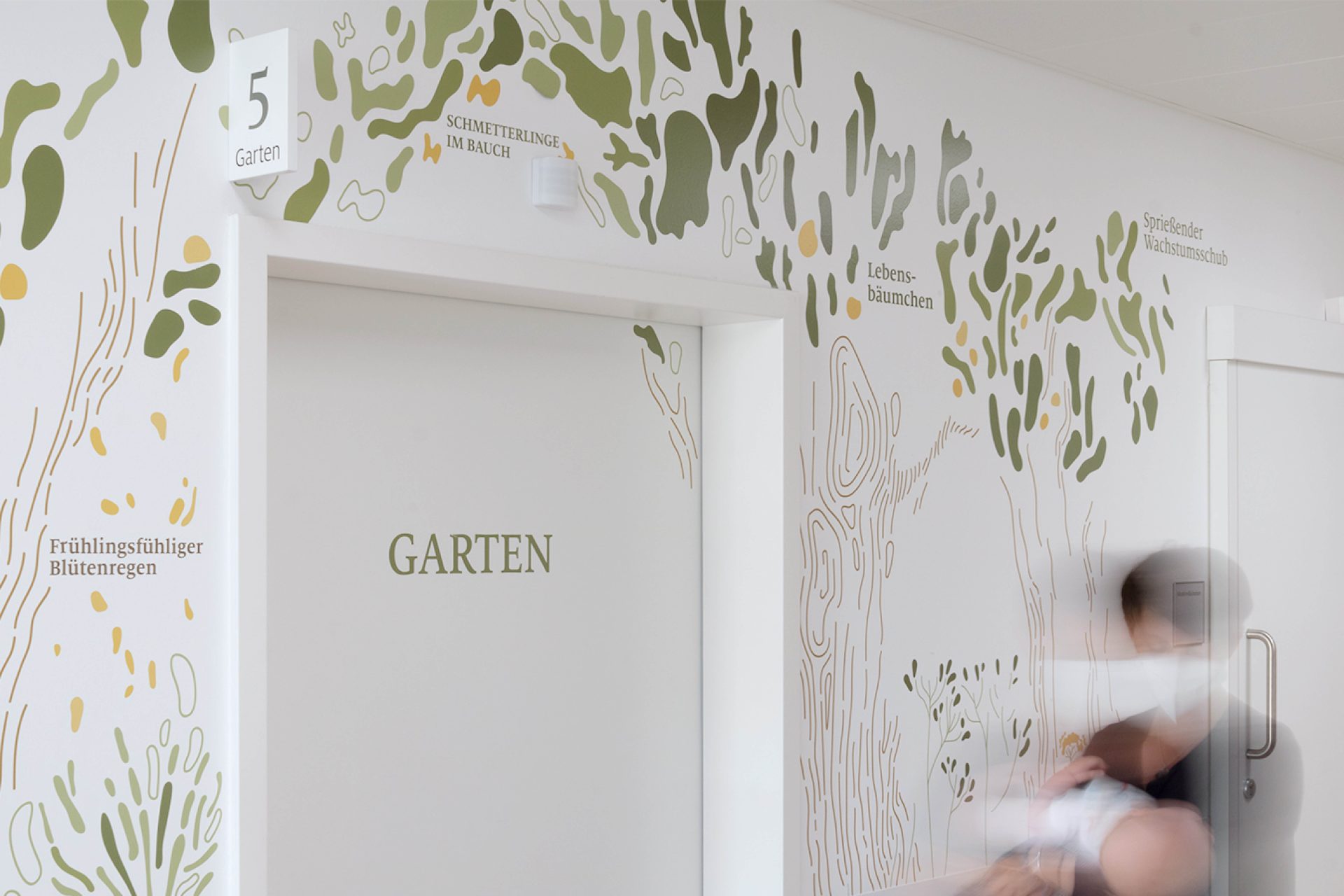 Door to birth room with name garden and matching illustration & lettering all around 