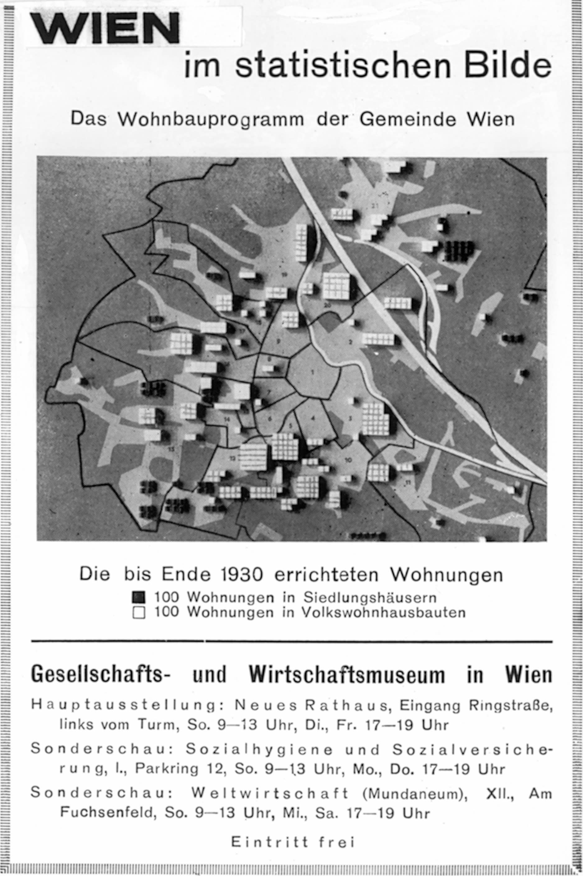 Historisches Inserat zum Wiener Wohnbau mit Ansicht der Stadt