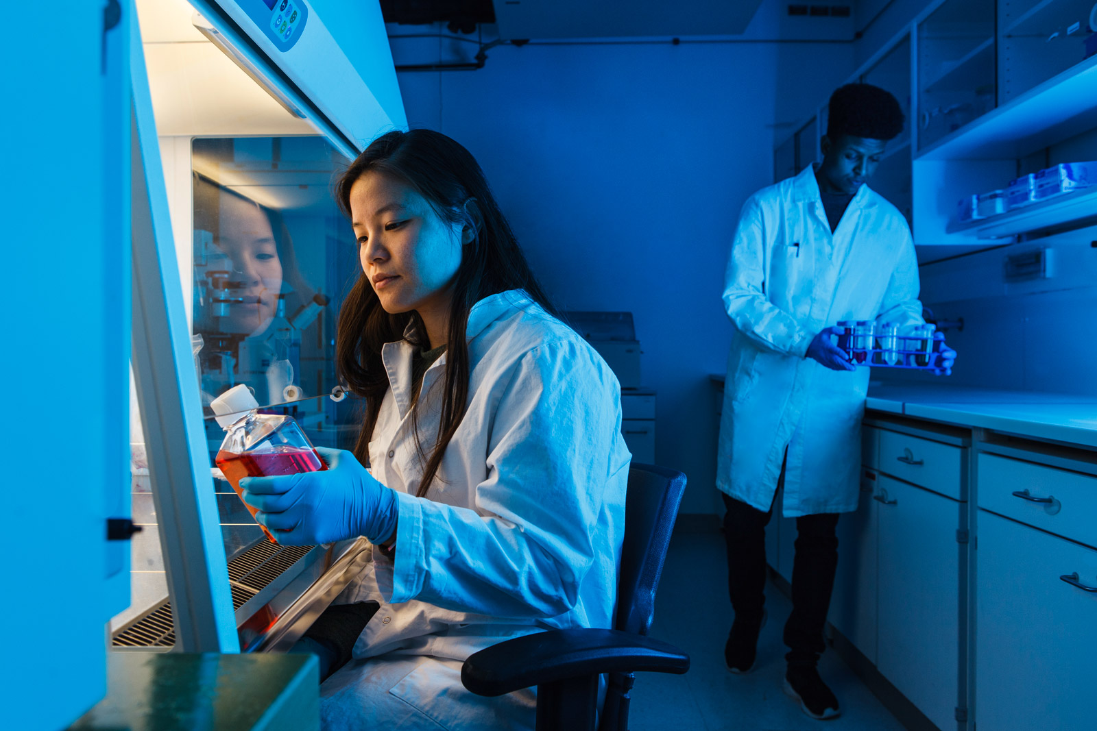 Zwei Forscher:innen im Labor mit blauem Licht