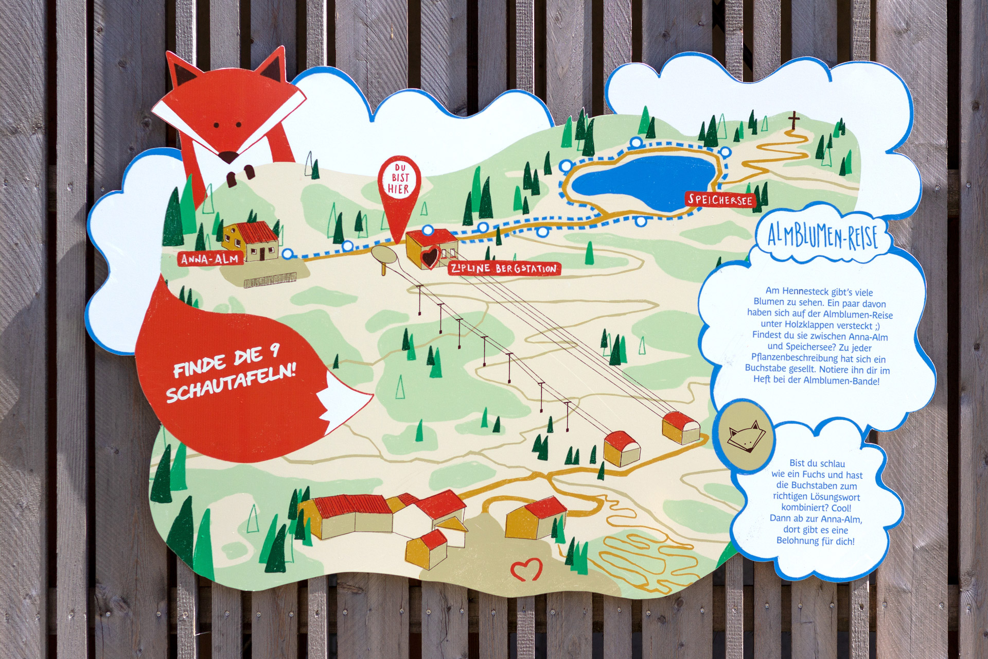 Illustrative Übersichtskarte des Gebietes mit einem Fuchs, der die Erlebnisstation Almblumenreise erklärt