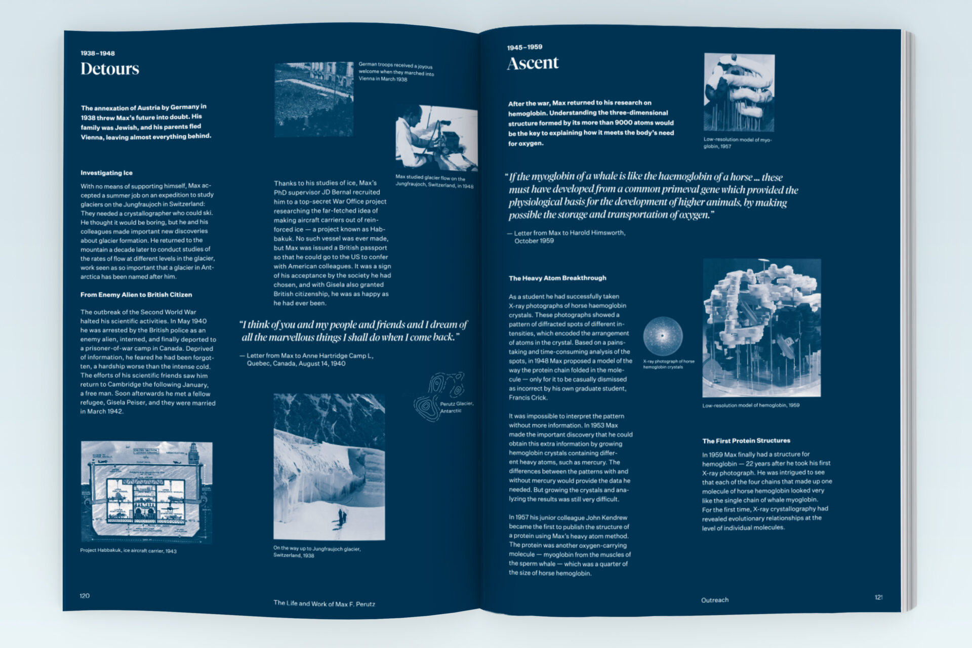Double-page spread on the life of Max Perutz, with photos and text in white on a blue background