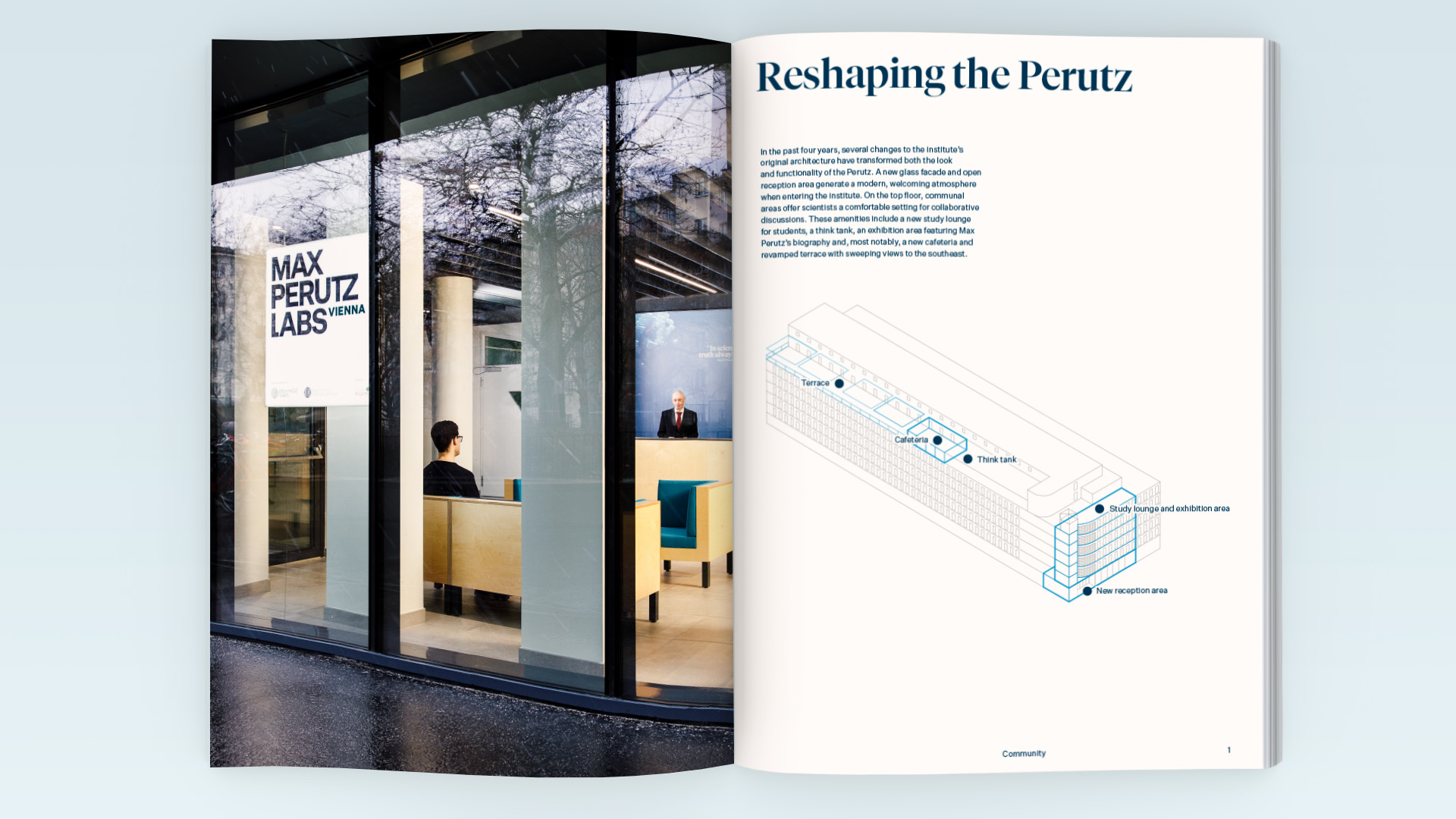 Double-page spread with a photo of the entrance behind the glass facade of Max Perutz Labs and a map of the building